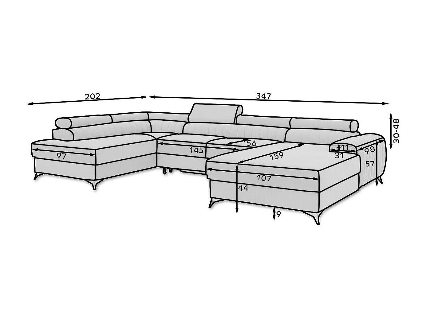 Canapé en U convertible KALANTE tissu - Coffre de rangement et appuie-têtes réglables-Vert clair-Coffre à gauche