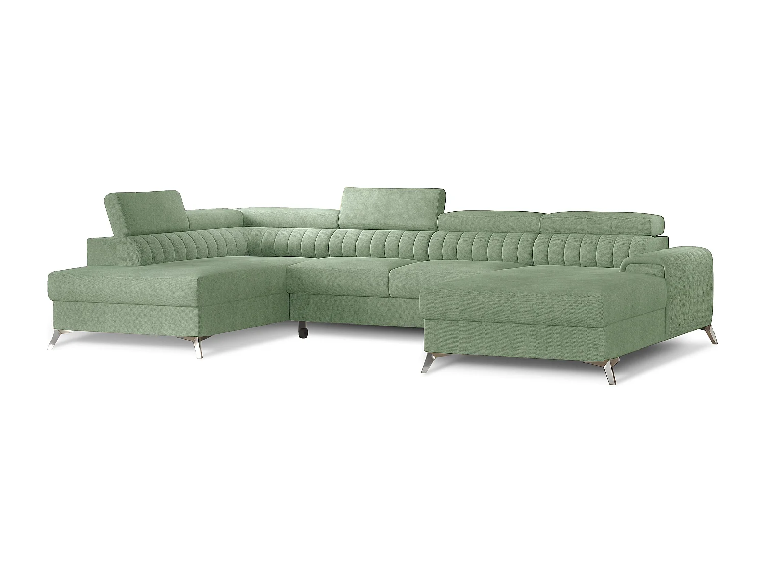 Canapé en U convertible KALANTE tissu - Coffre de rangement et appuie-têtes réglables-Vert clair-Coffre à gauche