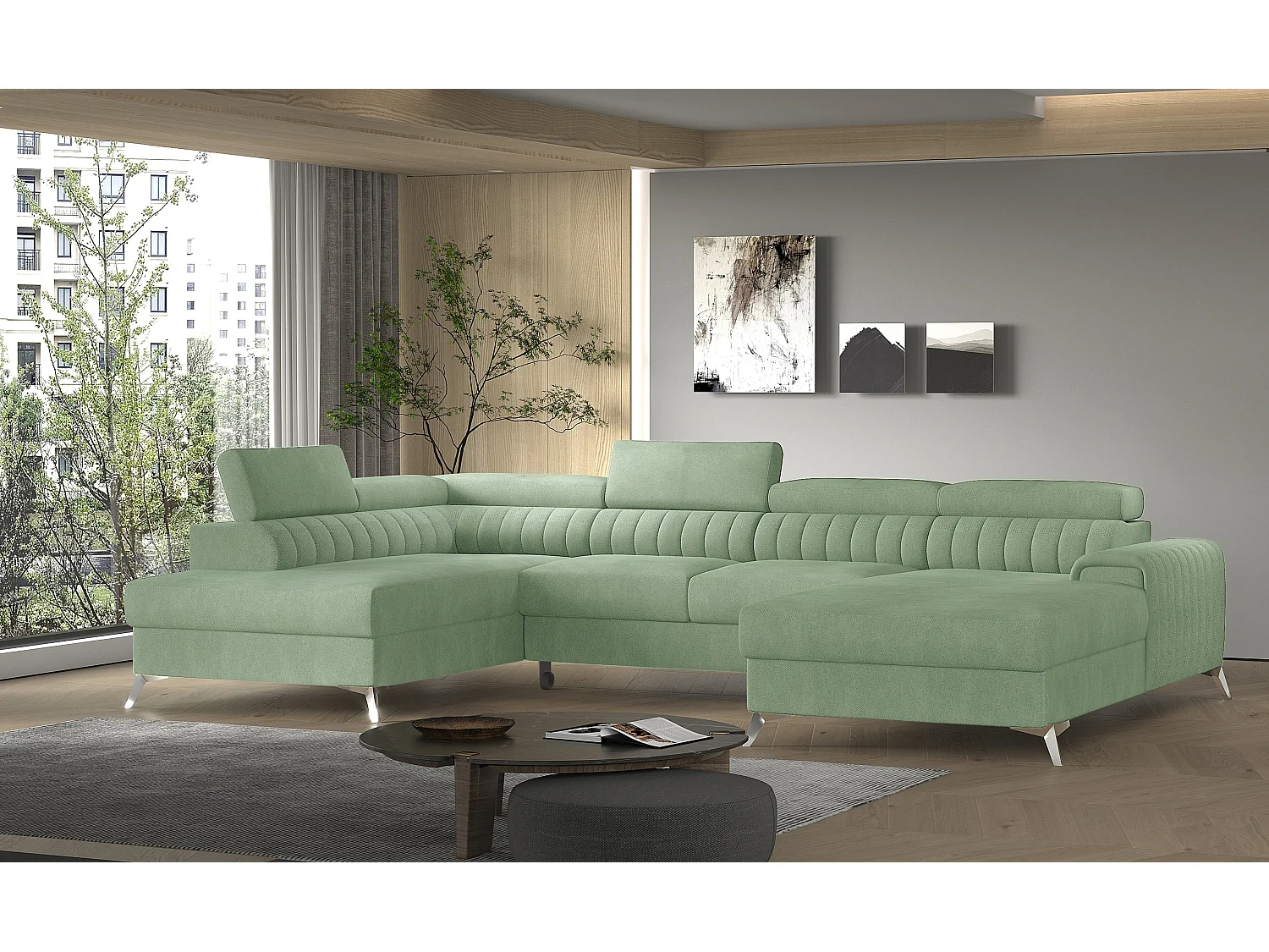 Canapé d'angle convertible 5 places avec coffre en tissu vert clair KALANTE
