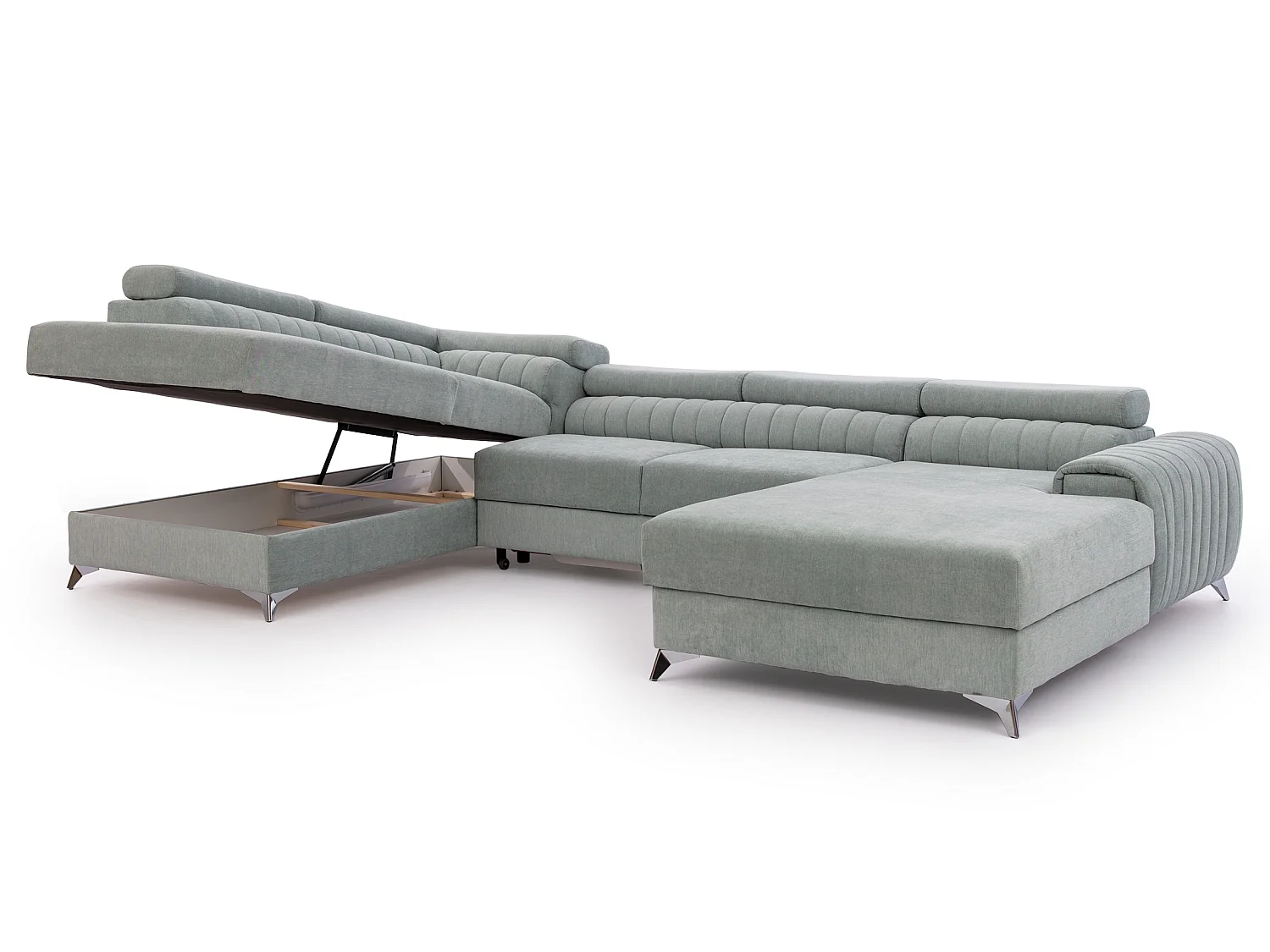 Canapé d'angle convertible 5 places avec coffre en tissu vert clair KALANTE