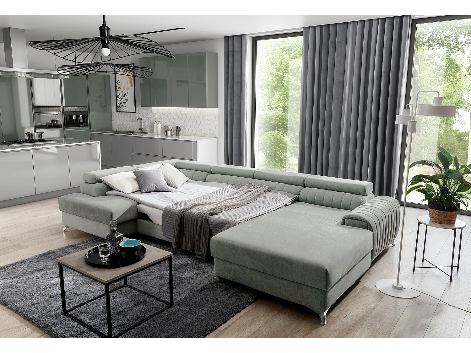 Canapé d'angle convertible 5 places avec coffre en tissu vert clair KALANTE