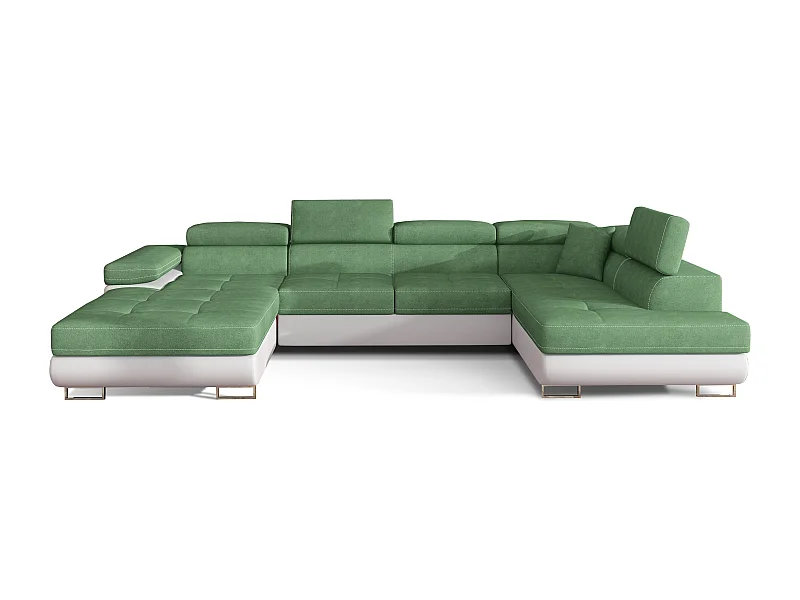 Canapé panoramique convertible ROMANO - Rangement et appuie-têtes réglables-Blanc/Vert clair-Coffre à droite