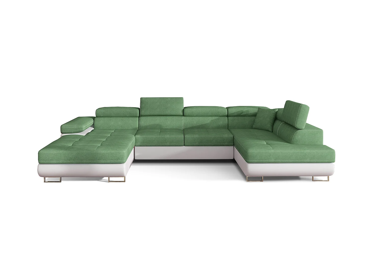 Canapé panoramique convertible ROMANO - Rangement et appuie-têtes réglables-Blanc/Vert clair-Coffre à droite