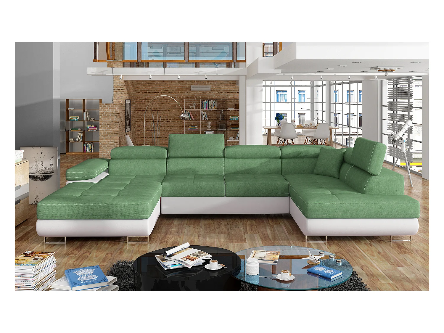 Canapé panoramique convertible ROMANO - Rangement et appuie-têtes réglables-Blanc/Vert clair-Coffre à droite