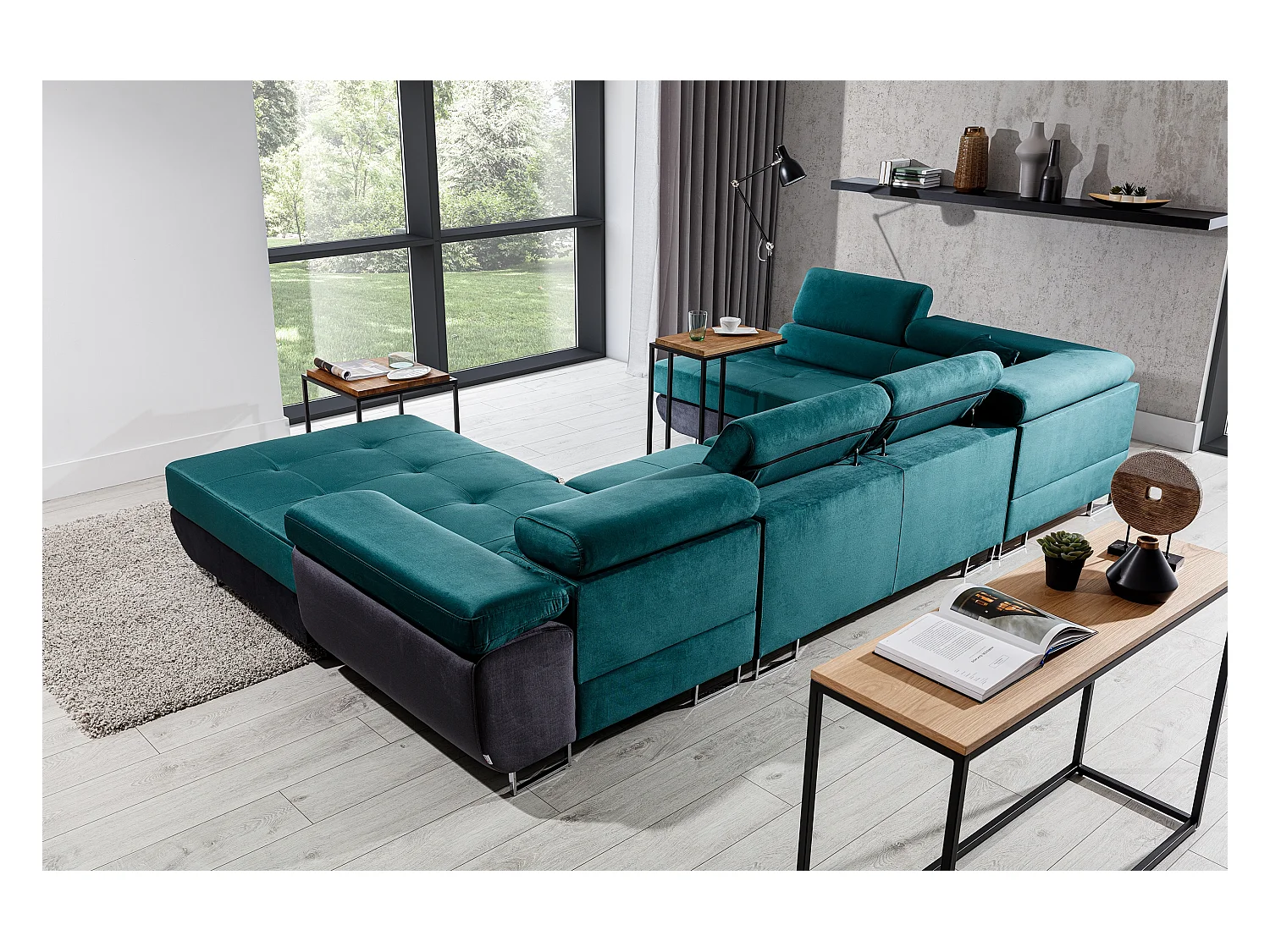 Canapé panoramique convertible ROMANO - Rangement et appuie-têtes réglables-Blanc/Vert clair-Coffre à droite