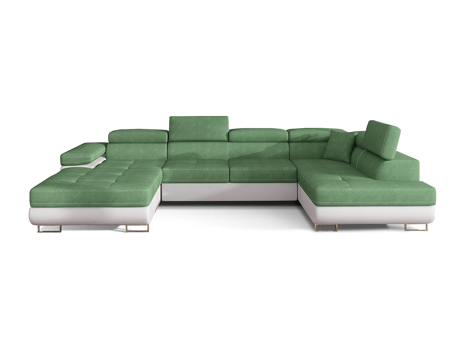 Canapé panoramique convertible ROMANO - Rangement et appuie-têtes réglables-Blanc/Vert clair-Coffre à droite