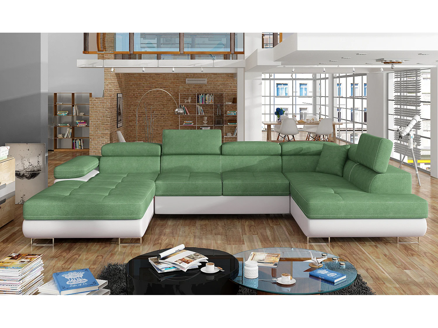 Canapé panoramique convertible ROMANO - Rangement et appuie-têtes réglables-Blanc/Vert clair-Coffre à droite