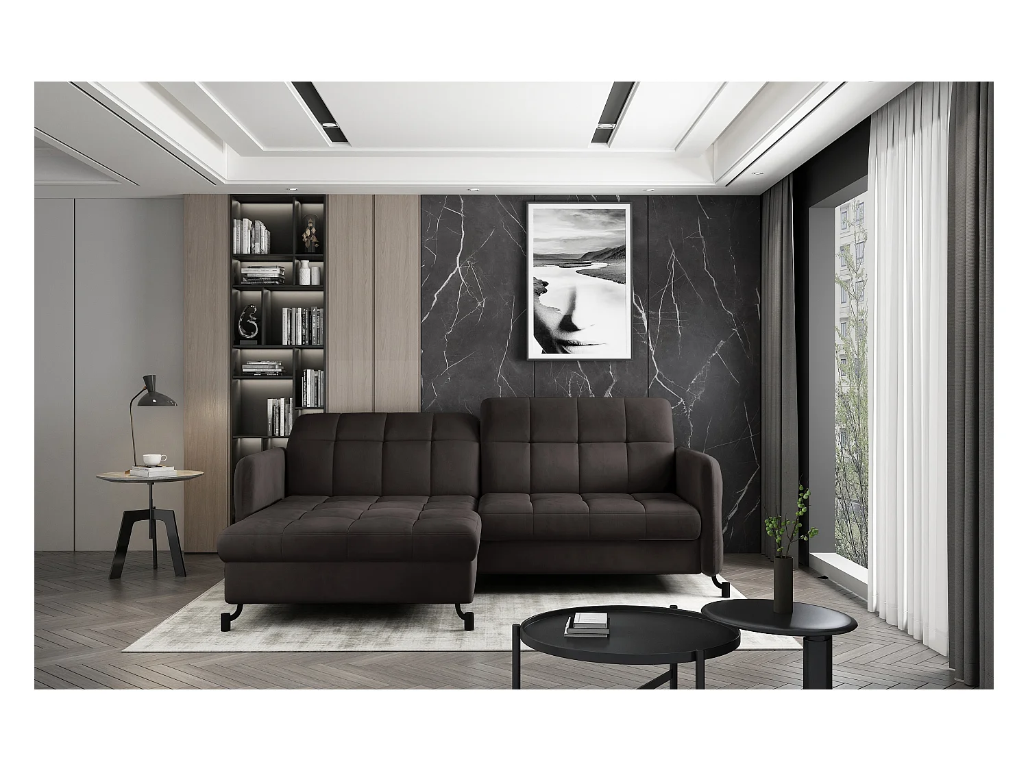 Canapé d'angle convertible velours avec coffre de rangement LORI-Marron foncé-angle gauche