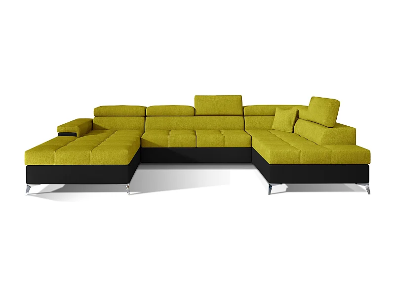 Canapé panoramique convertible KUTTY - Rangement et appuie-têtes réglables-Noir/Jaune olive-Coffre à droite