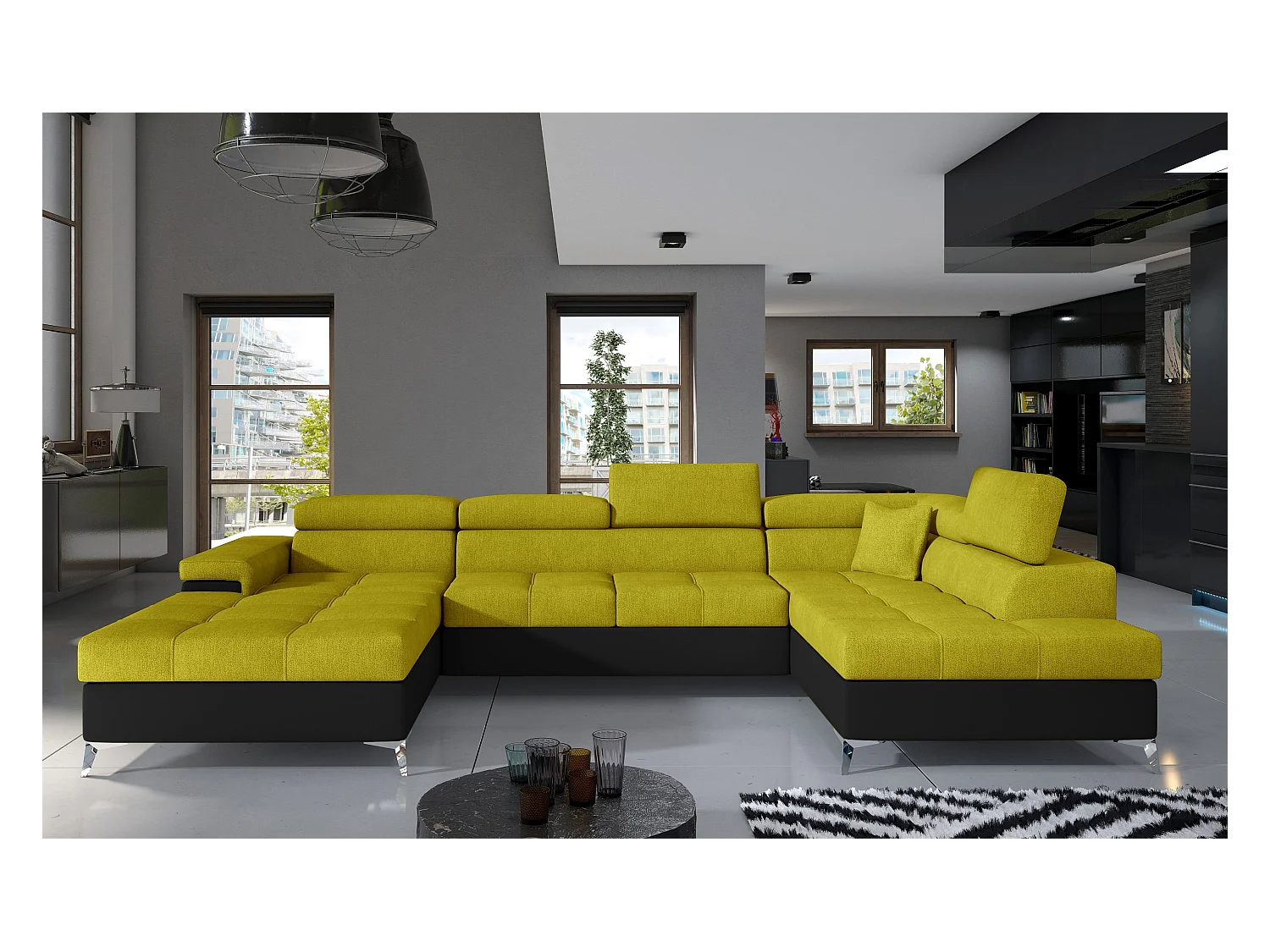 Canapé panoramique convertible KUTTY - Rangement et appuie-têtes réglables-Noir/Jaune olive-Coffre à droite