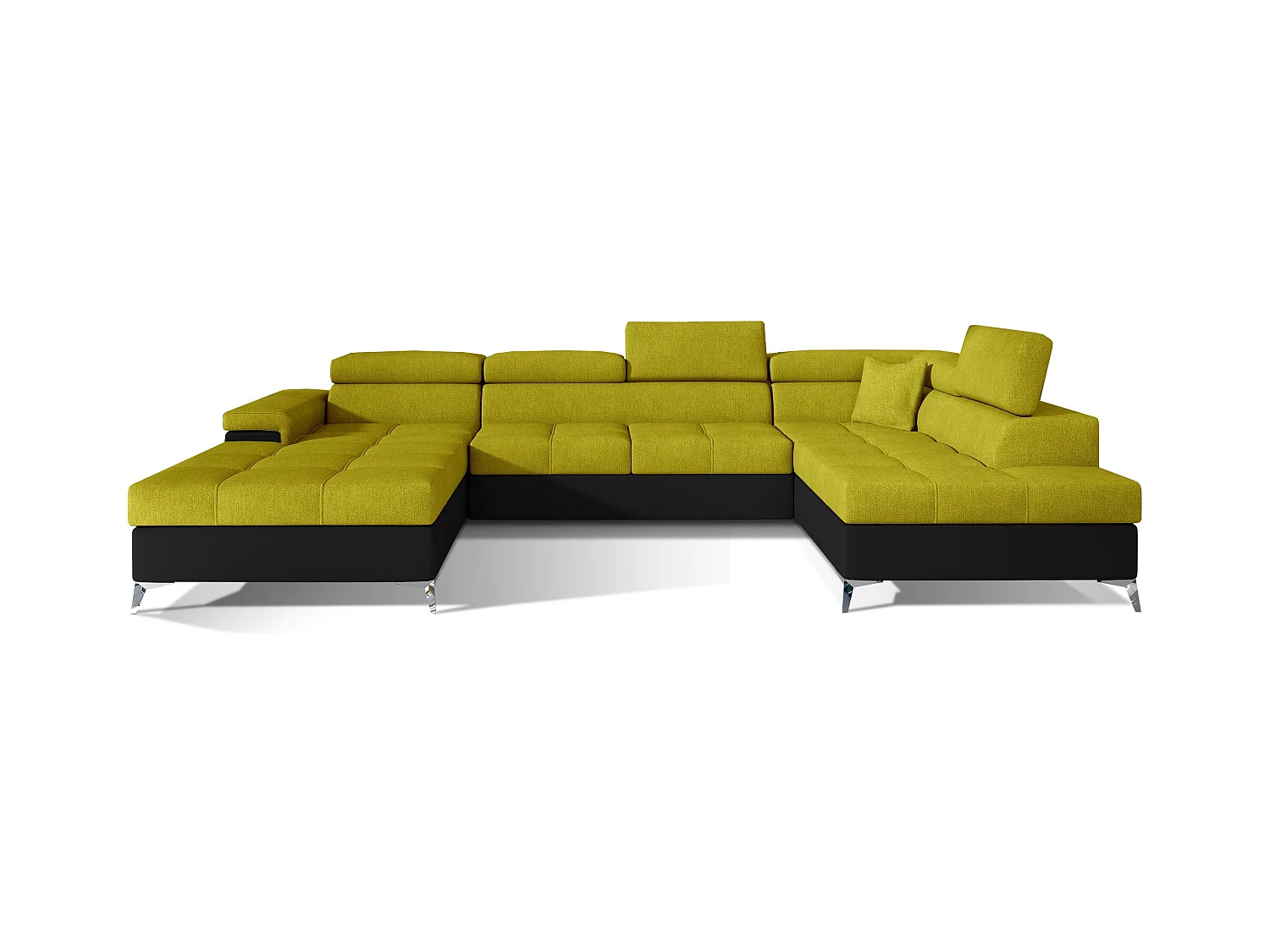 Canapé panoramique convertible KUTTY - Rangement et appuie-têtes réglables-Noir/Jaune olive-Coffre à droite