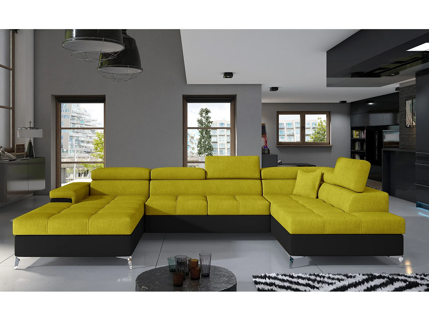 Canapé panoramique convertible KUTTY - Rangement et appuie-têtes réglables-Noir/Jaune olive-Coffre à droite