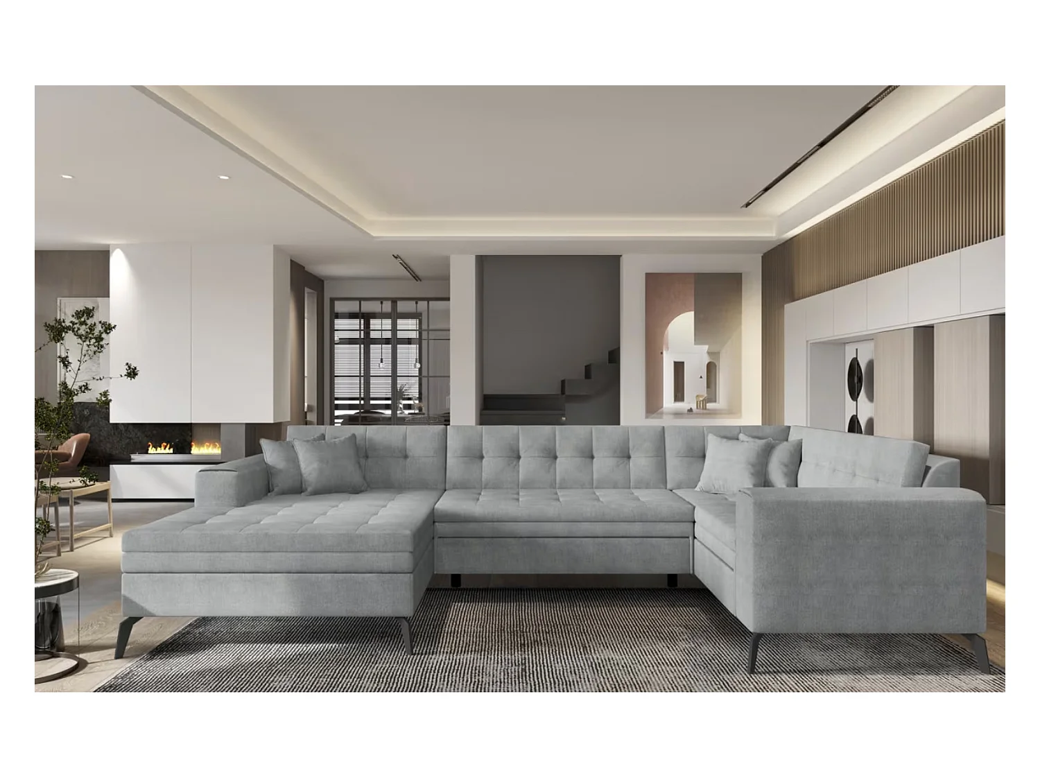 Canapé panoramique convertible BONTY tissu matelassé-Gris clair-Méridienne A gauche