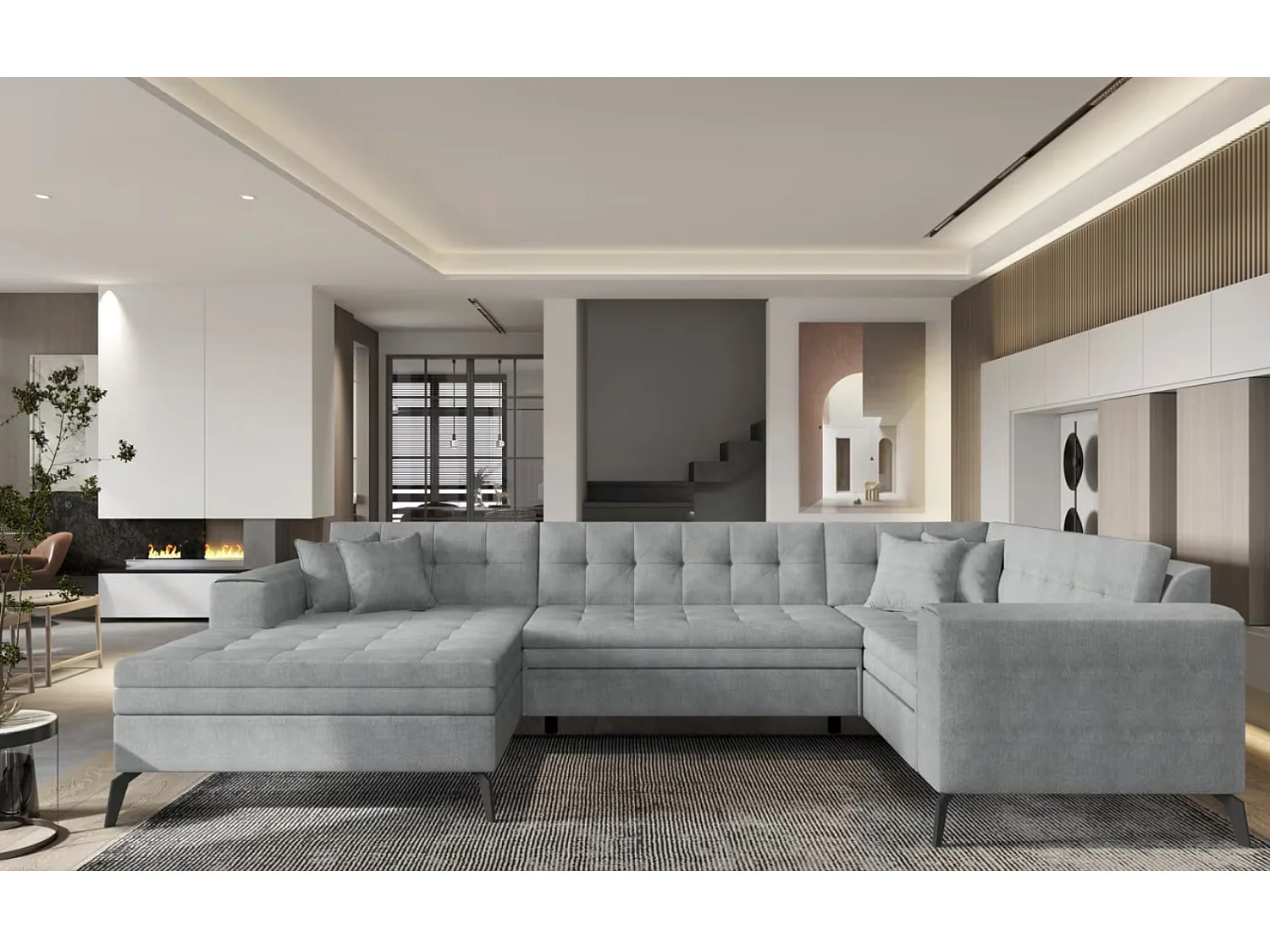 Canapé panoramique convertible BONTY tissu matelassé-Gris clair-Méridienne A gauche