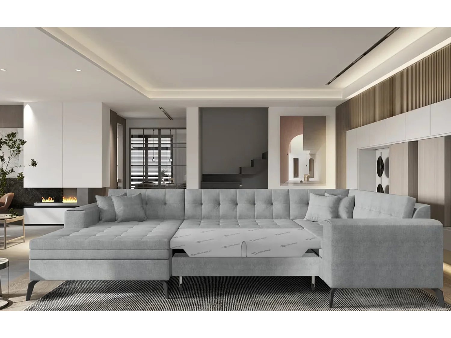 Canapé panoramique convertible BONTY tissu matelassé-Gris clair-Méridienne A gauche