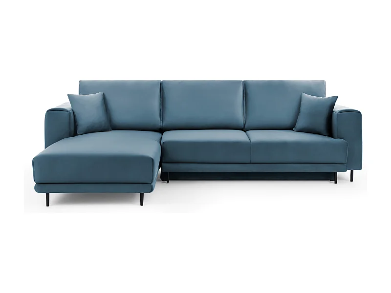 Canapé d'angle convertible velours DAVINA - Coffre et pieds métal noir-Bleu canard-angle gauche
