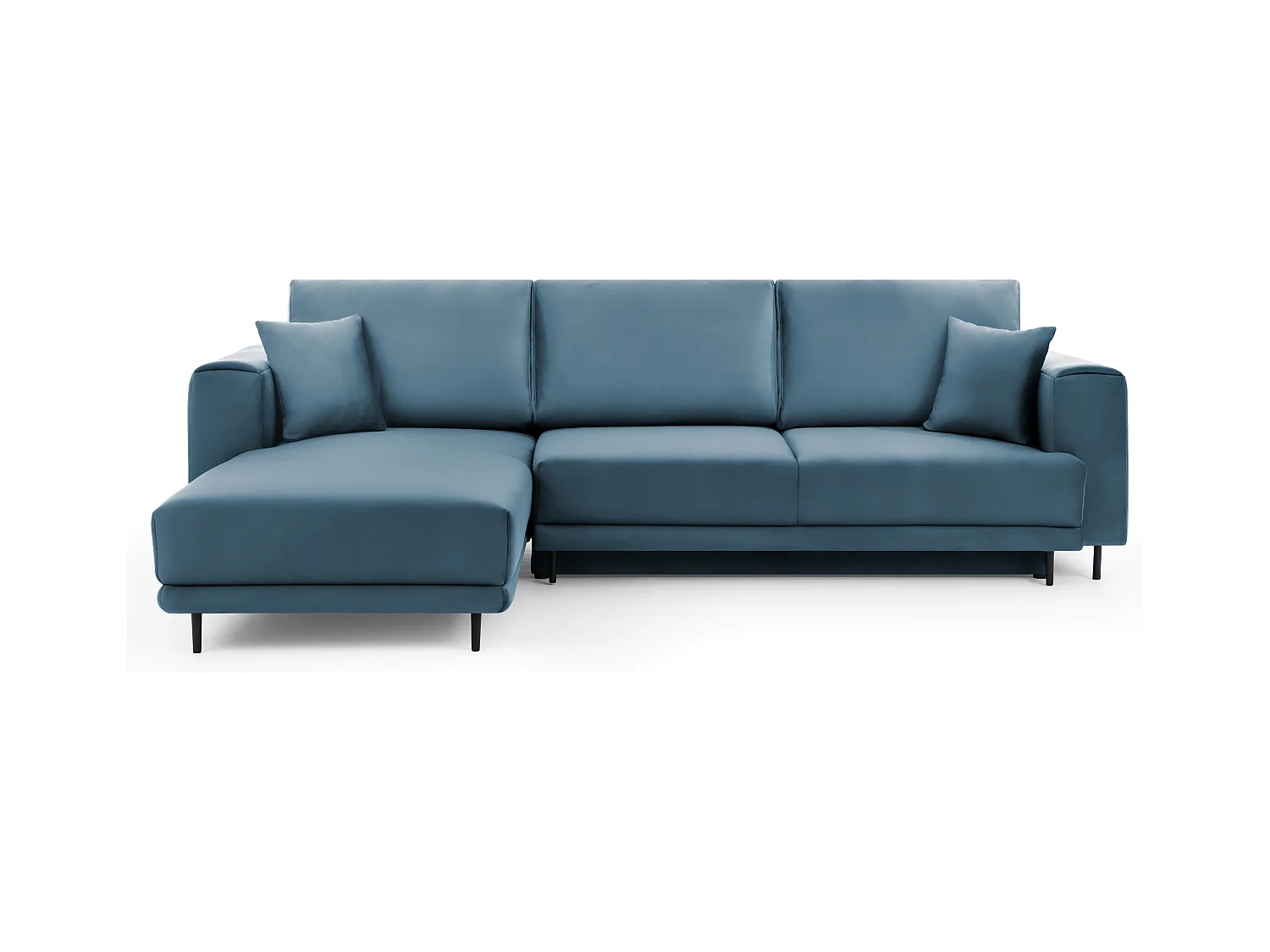 Canapé d'angle convertible velours DAVINA - Coffre et pieds métal noir-Bleu canard-angle gauche