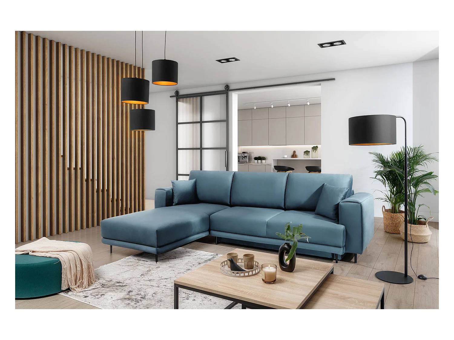 Canapé d'angle convertible velours DAVINA - Coffre et pieds métal noir-Bleu canard-angle gauche