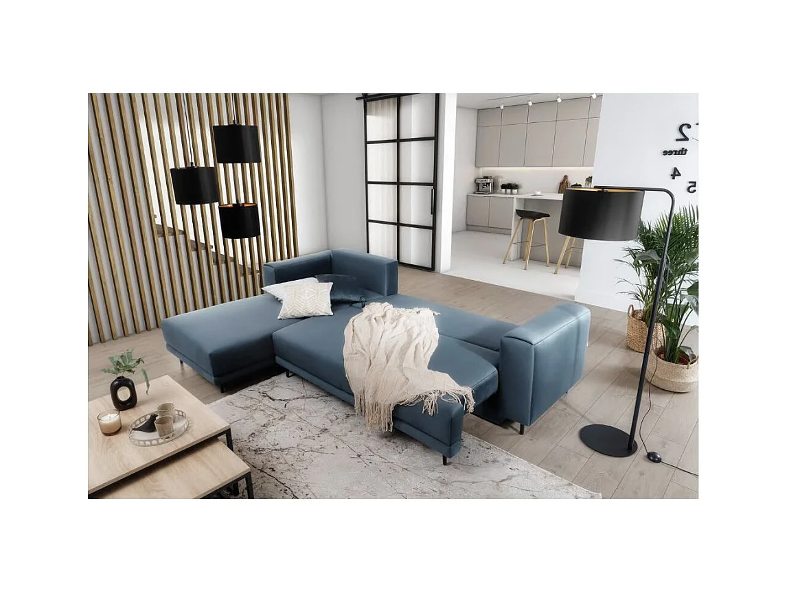 Canapé d'angle convertible velours DAVINA - Coffre et pieds métal noir-Bleu canard-angle gauche