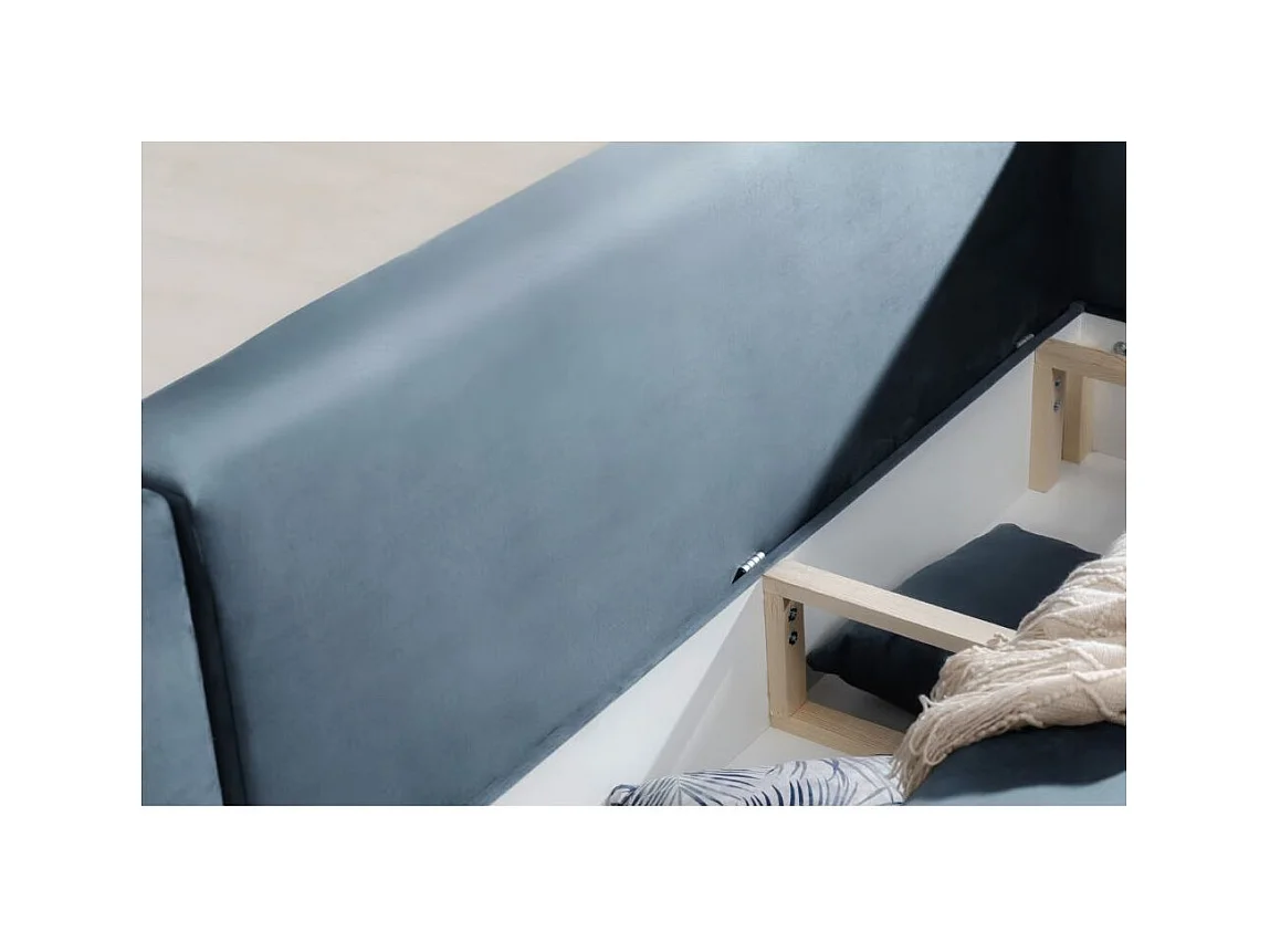 Canapé d'angle convertible velours DAVINA - Coffre et pieds métal noir-Bleu canard-angle gauche