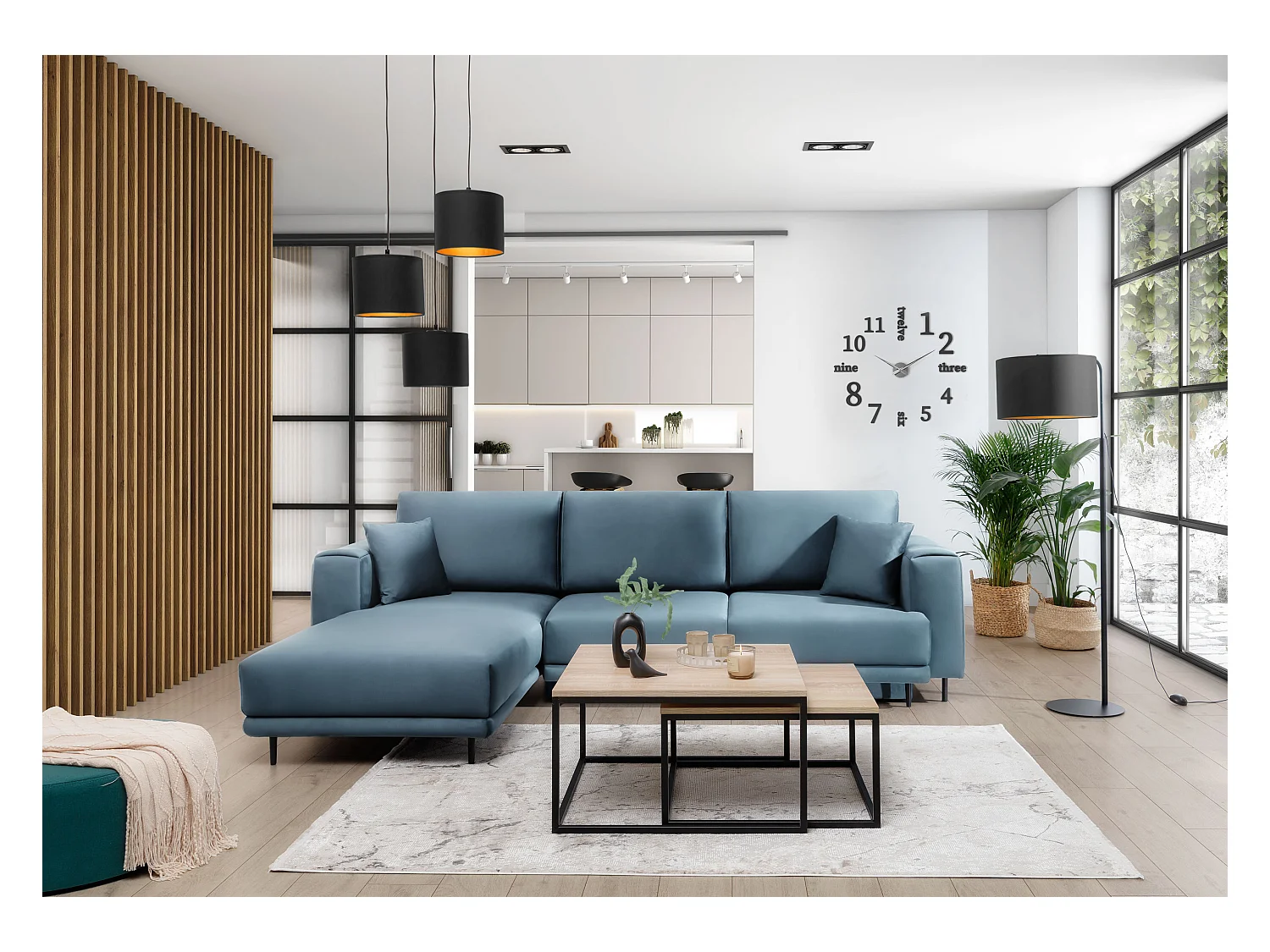 Canapé d'angle convertible velours DAVINA - Coffre et pieds métal noir-Bleu canard-angle gauche