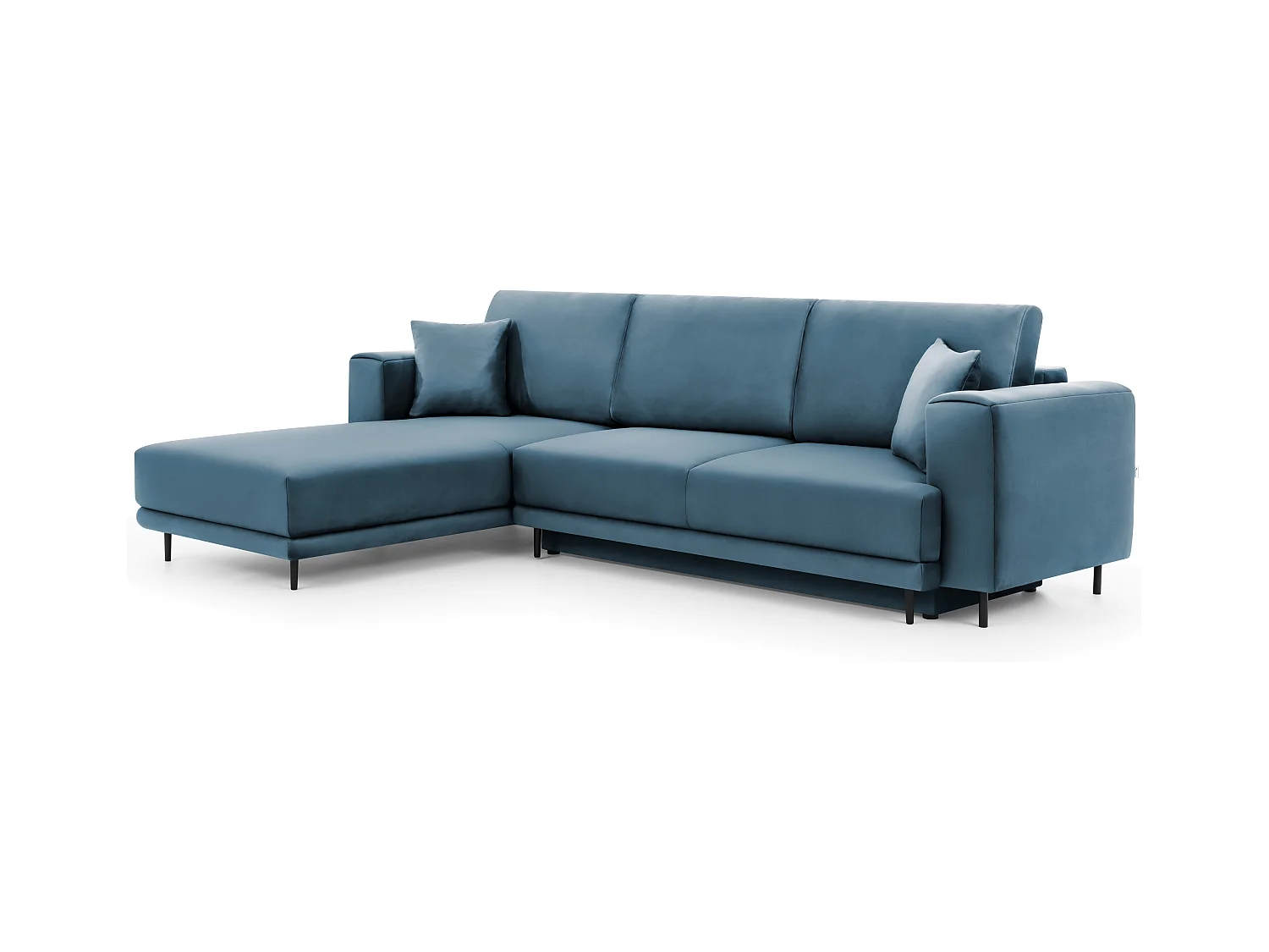 Canapé d'angle convertible velours DAVINA - Coffre et pieds métal noir-Bleu canard-angle gauche