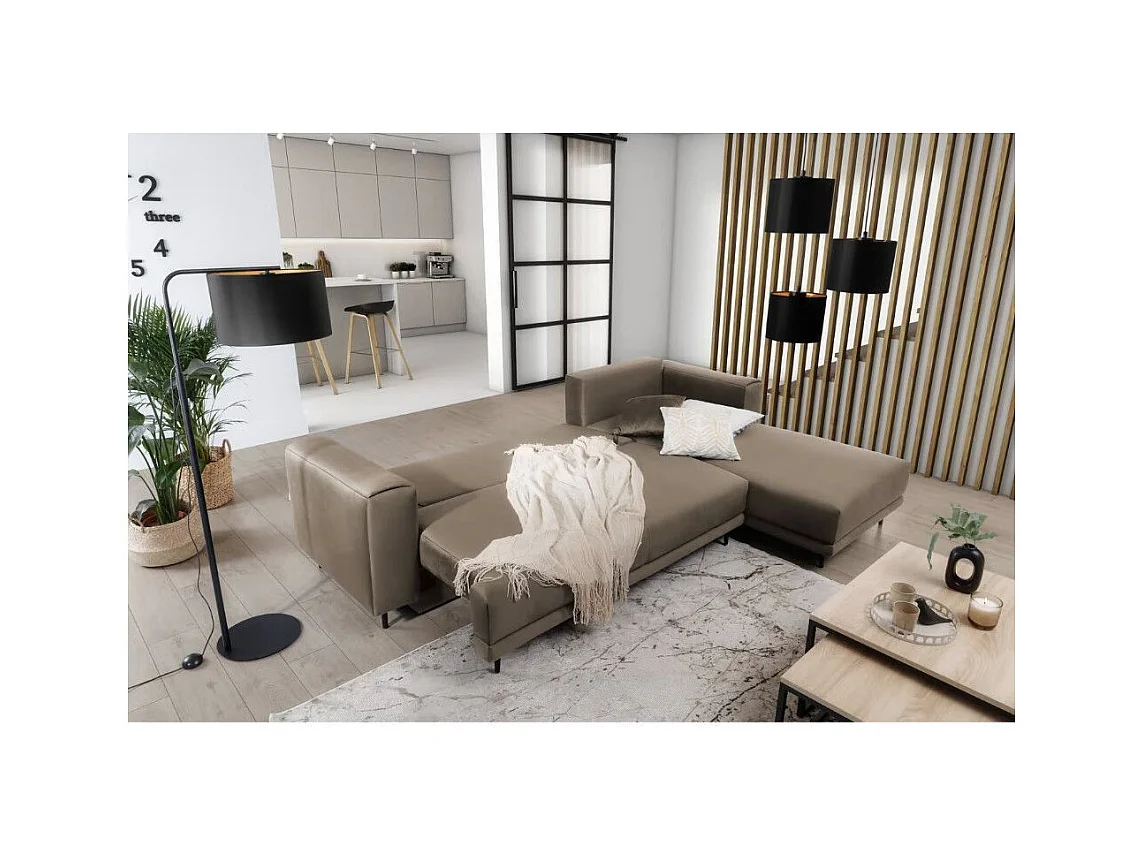 Canapé d'angle convertible velours DAVINA - Coffre et pieds métal noir-Bleu canard-angle gauche