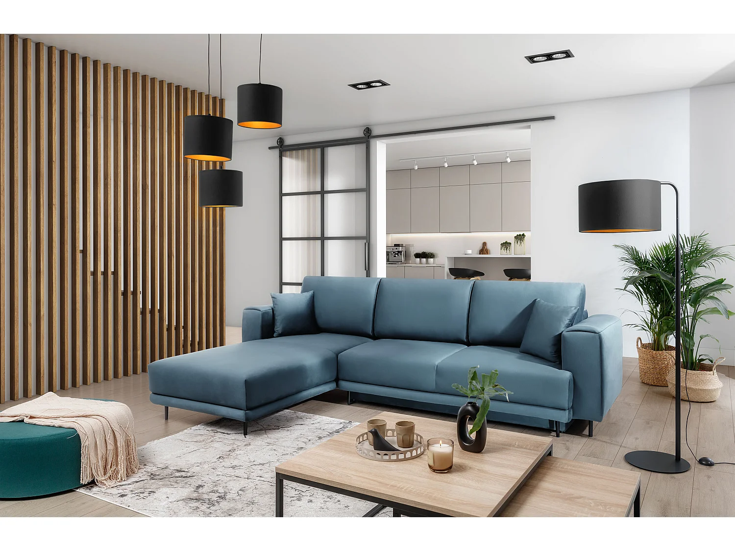 Canapé d'angle convertible velours DAVINA - Coffre et pieds métal noir-Bleu canard-angle gauche