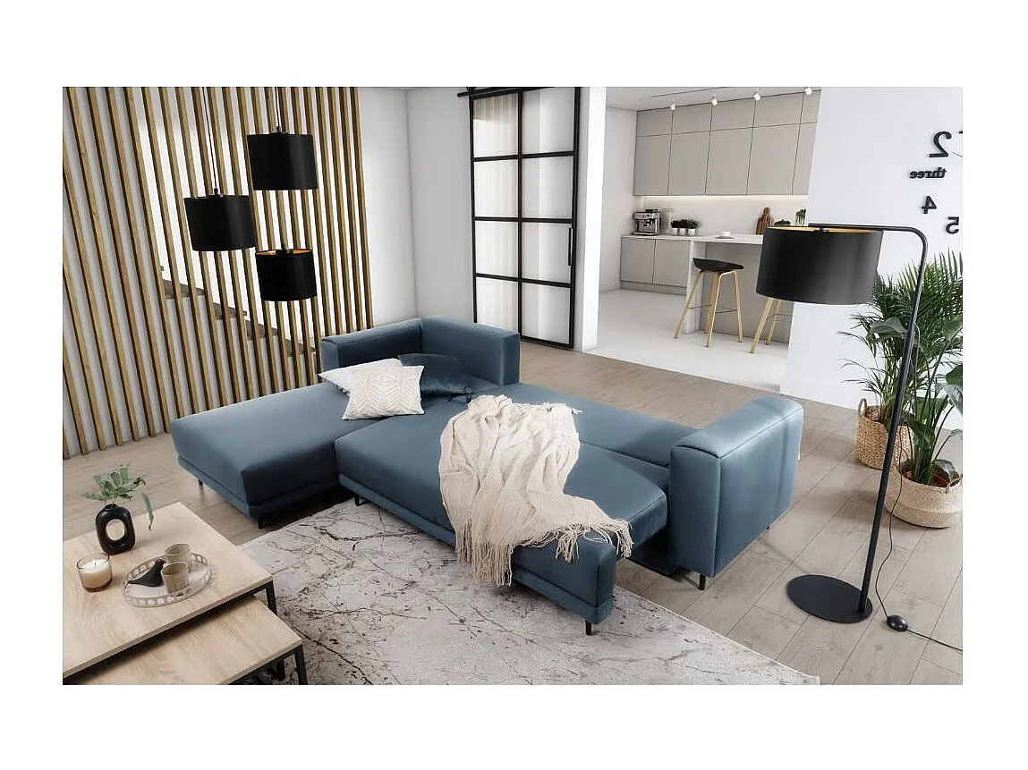 Canapé d'angle convertible velours DAVINA - Coffre et pieds métal noir-Bleu canard-angle gauche