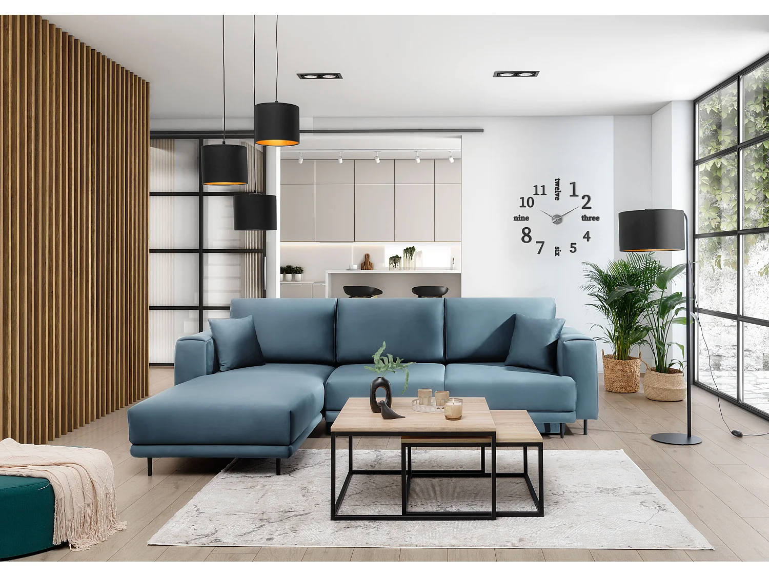 Canapé d'angle convertible velours DAVINA - Coffre et pieds métal noir-Bleu canard-angle gauche