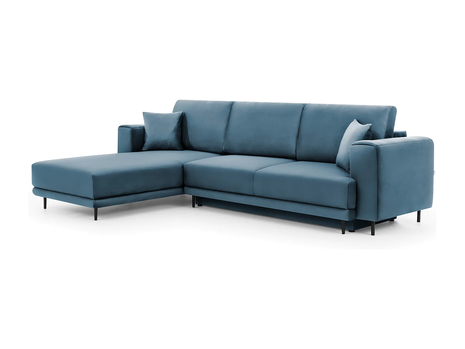 Canapé d'angle convertible velours DAVINA - Coffre et pieds métal noir-Bleu canard-angle gauche