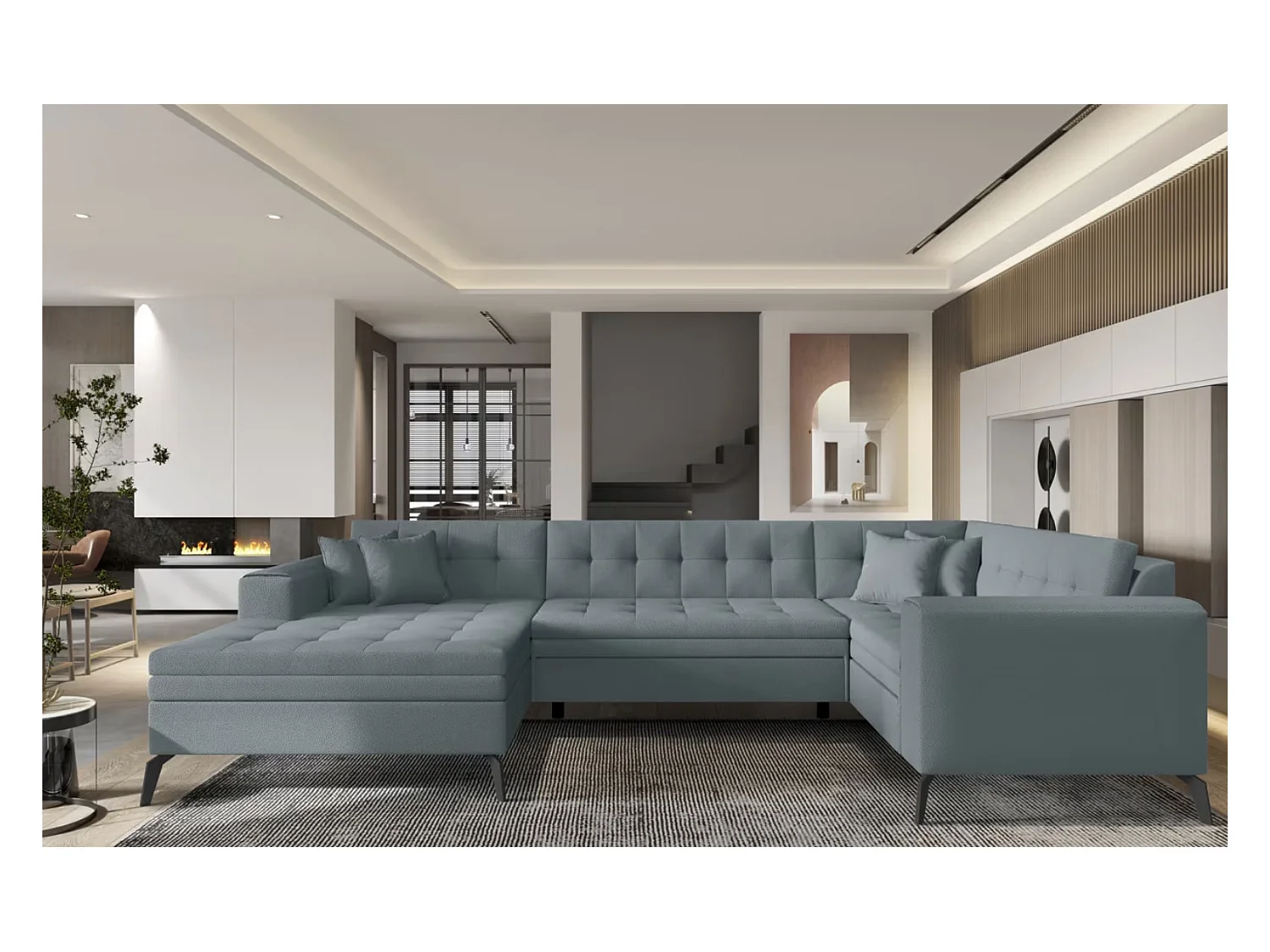 Canapé panoramique convertible BONTY tissu matelassé-Bleu ardoise-Méridienne A gauche