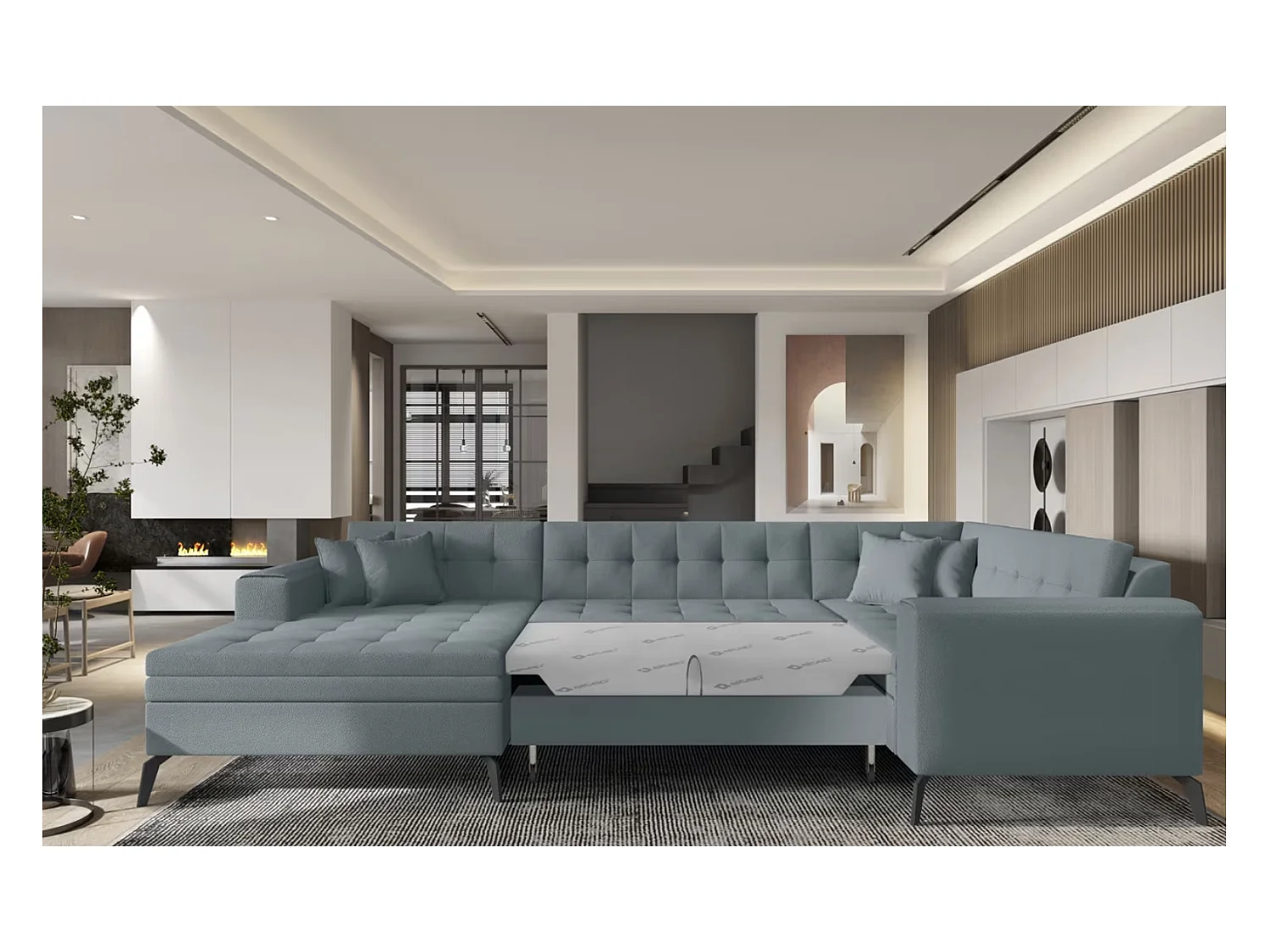 Canapé panoramique convertible BONTY tissu matelassé-Bleu ardoise-Méridienne A gauche