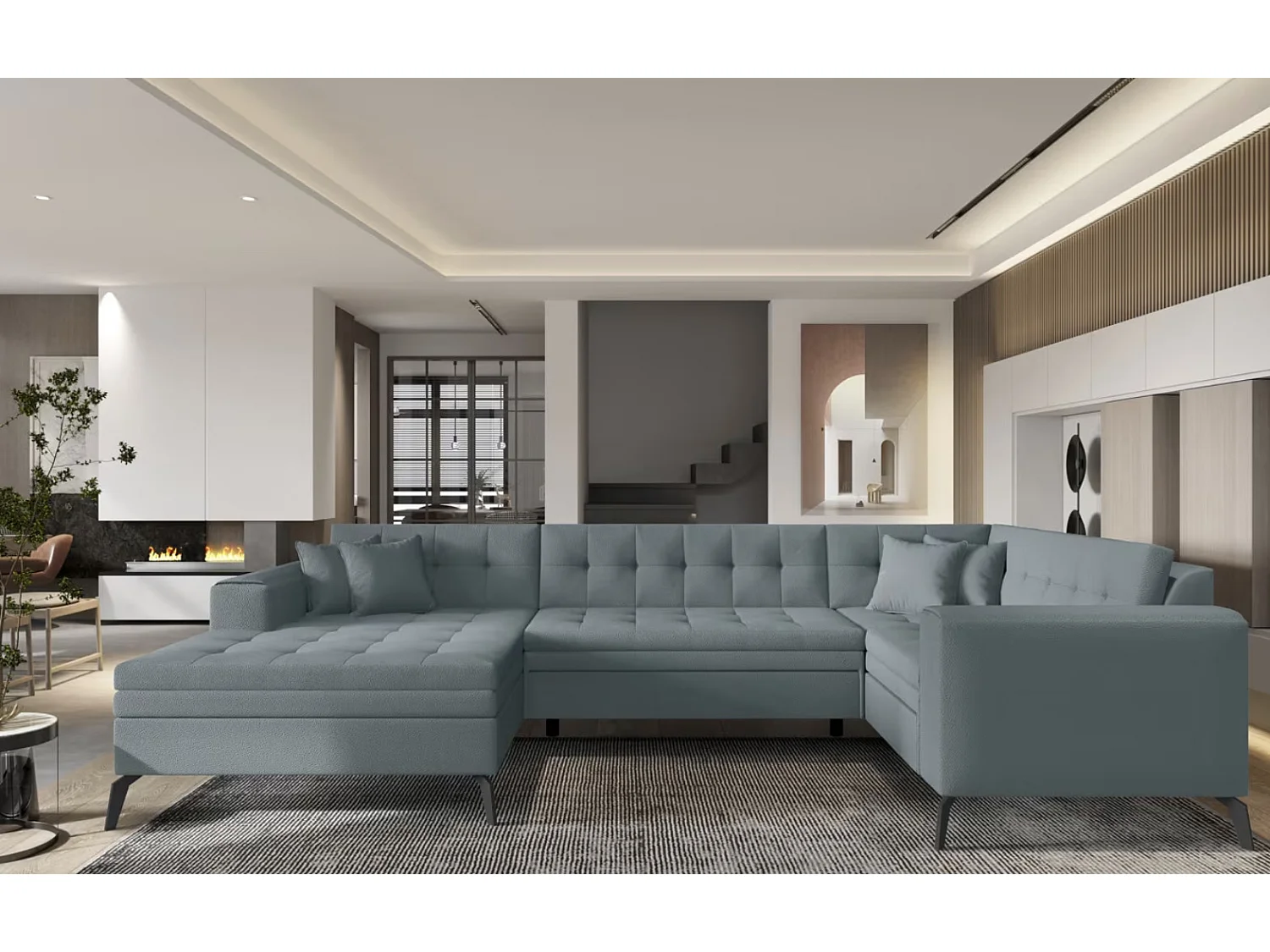 Canapé panoramique convertible BONTY tissu matelassé-Bleu ardoise-Méridienne A gauche