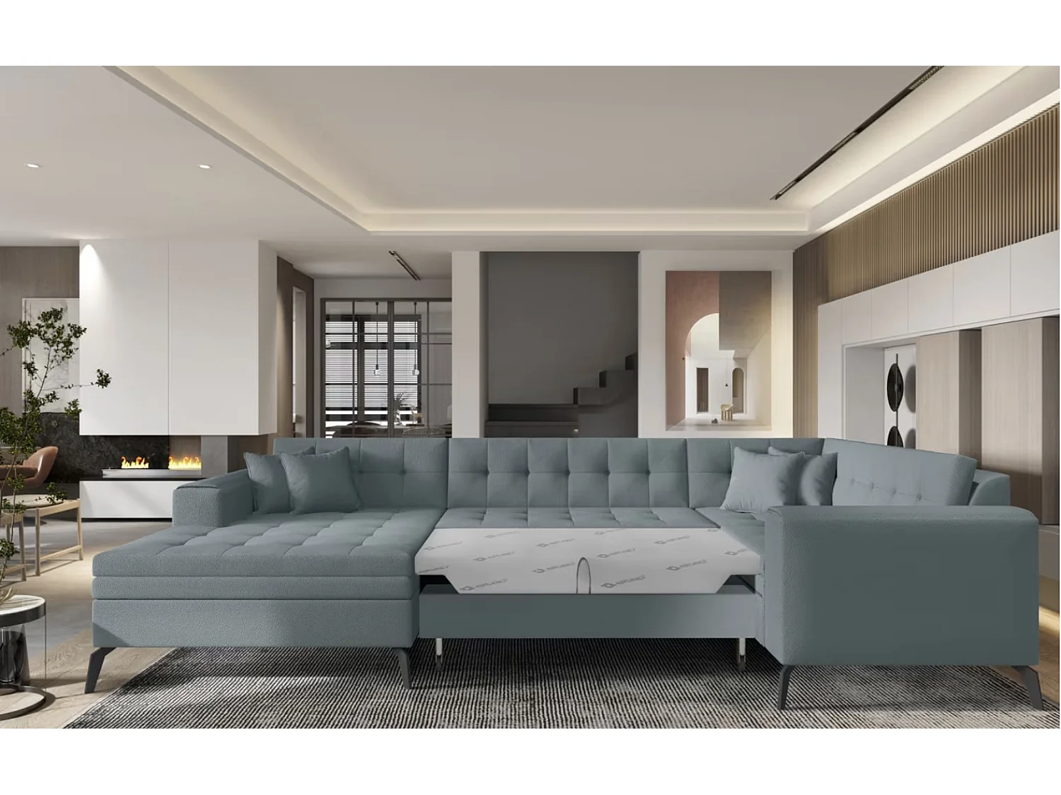 Canapé panoramique convertible BONTY tissu matelassé-Bleu ardoise-Méridienne A gauche