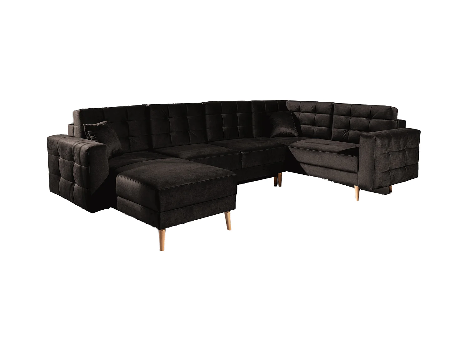 Canapé panoramique convertible ANSKA en velours - Pieds bois naturel-Marron foncé