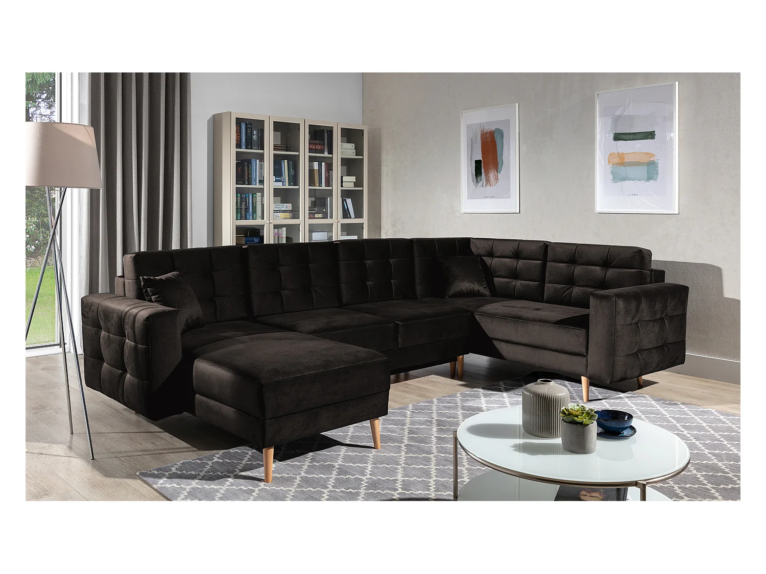 Canapé panoramique convertible ANSKA en velours - Pieds bois naturel-Marron foncé