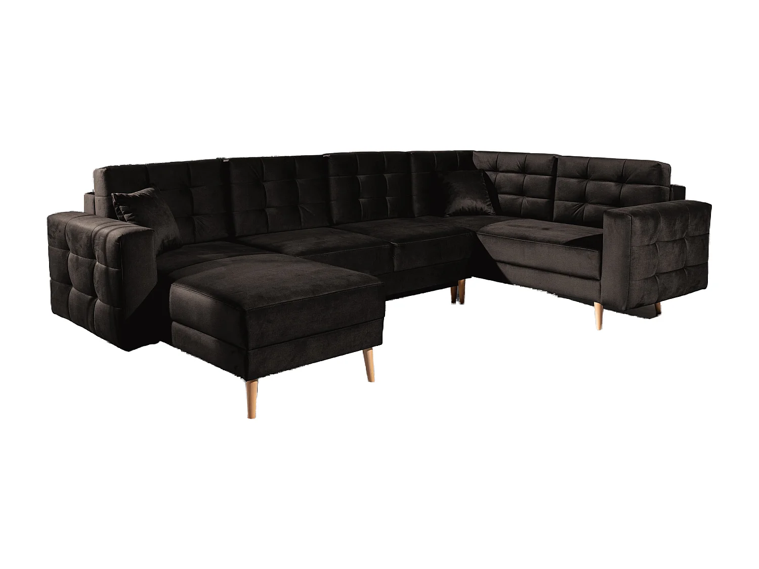 Canapé panoramique convertible ANSKA en velours - Pieds bois naturel-Marron foncé