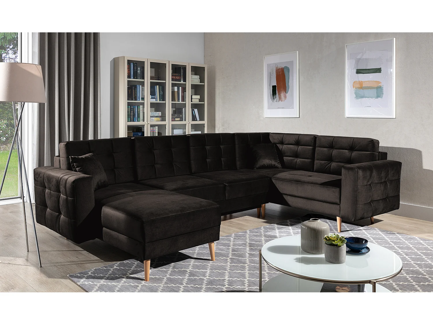 Canapé panoramique convertible ANSKA en velours - Pieds bois naturel-Marron foncé