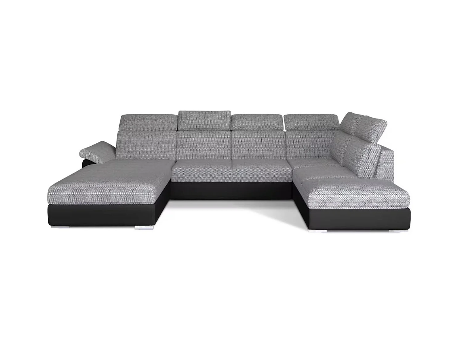 Canapé Convertible Panoramique LEVANO Tissu et Simili Cuir, Têtières-Noir/Gris clair chiné-Coffre à gauche