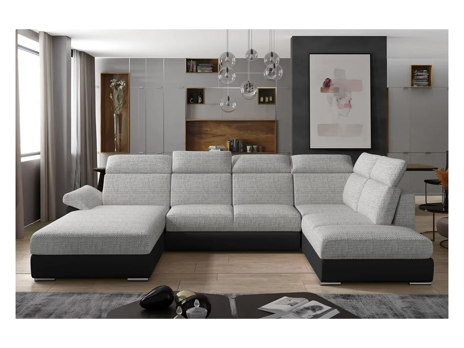 Canapé Convertible Panoramique LEVANO Tissu et Simili Cuir, Têtières-Noir/Gris clair chiné-Coffre à gauche