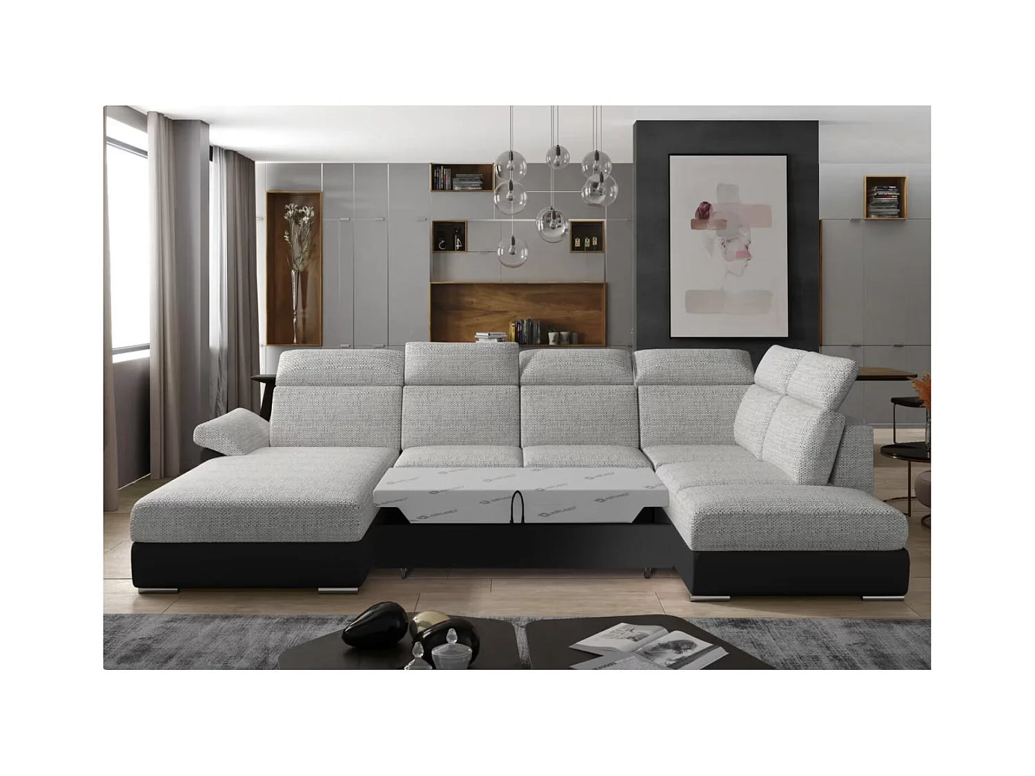 Canapé Convertible Panoramique LEVANO Tissu et Simili Cuir, Têtières-Noir/Gris clair chiné-Coffre à gauche