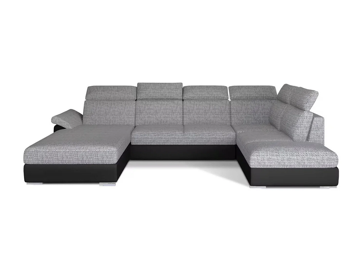 Canapé Convertible Panoramique LEVANO Tissu et Simili Cuir, Têtières-Noir/Gris clair chiné-Coffre à gauche