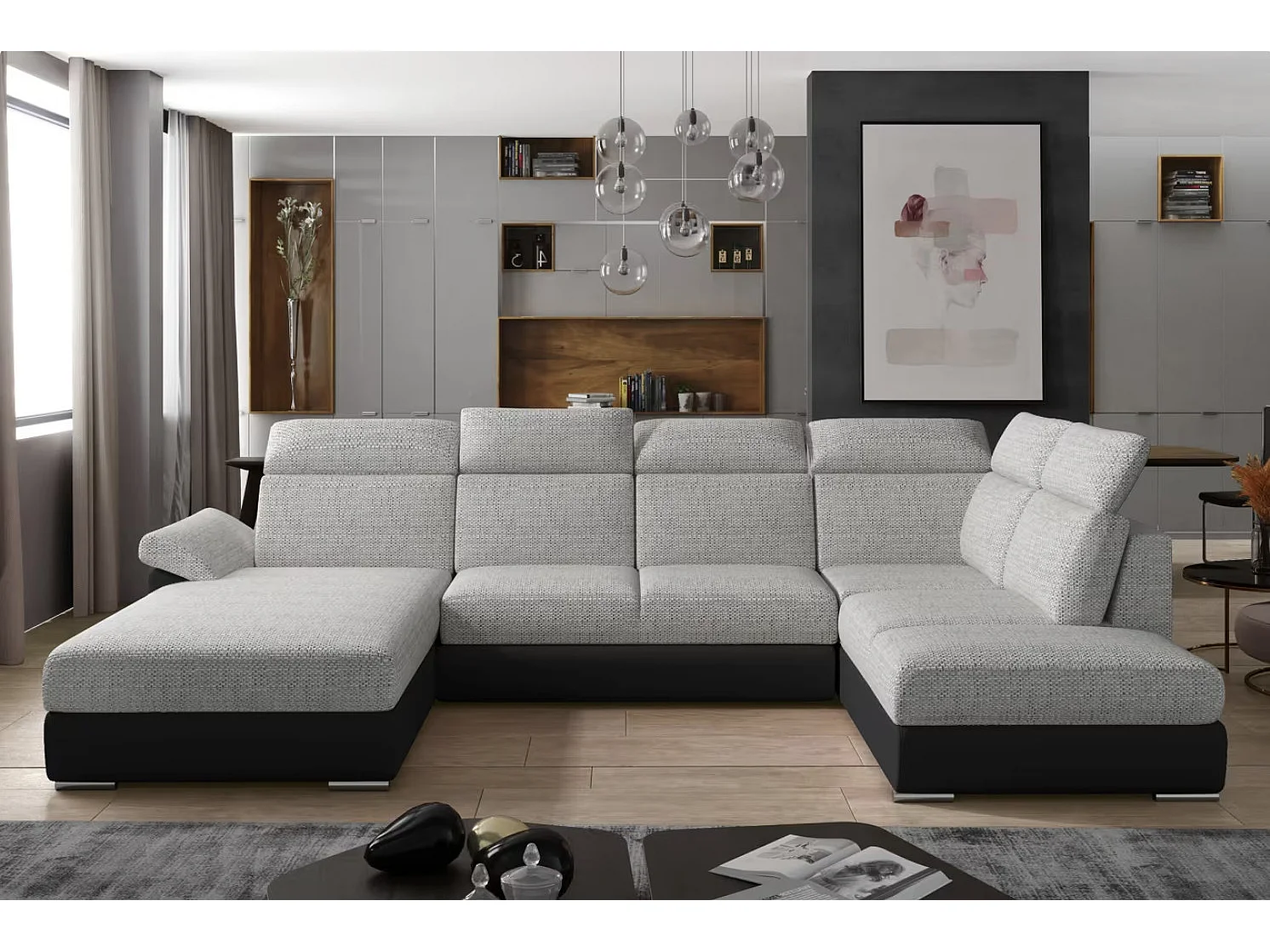 Canapé Convertible Panoramique LEVANO Tissu et Simili Cuir, Têtières-Noir/Gris clair chiné-Coffre à gauche