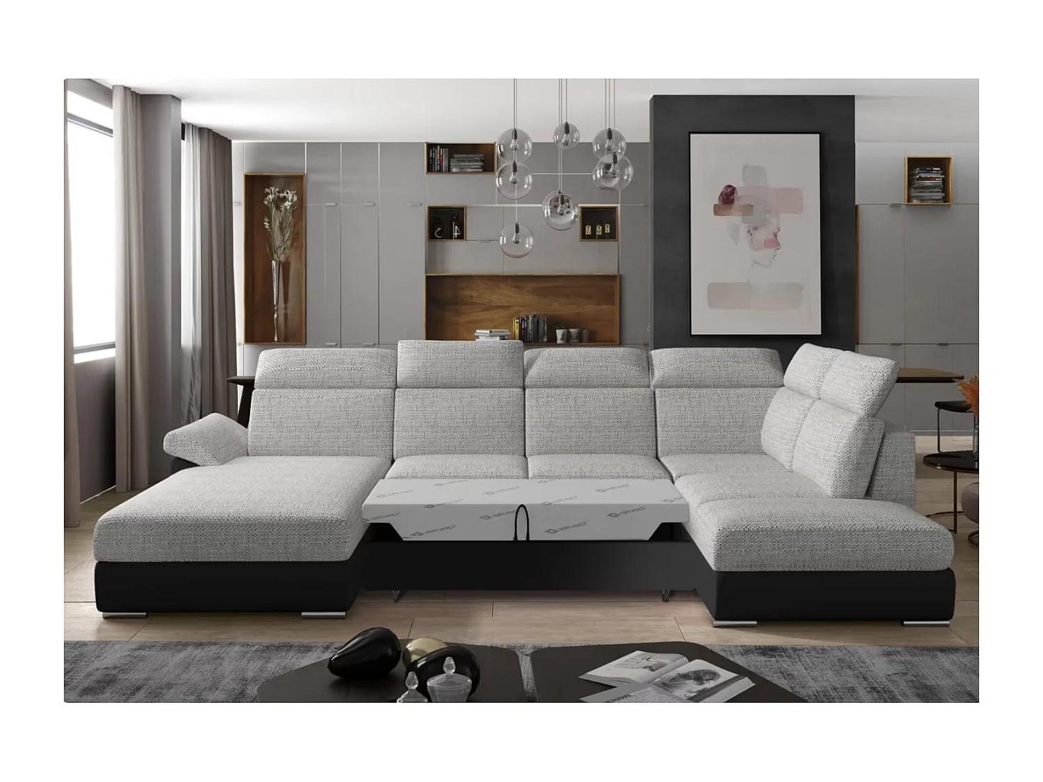 Canapé Convertible Panoramique LEVANO Tissu et Simili Cuir, Têtières-Noir/Gris clair chiné-Coffre à gauche