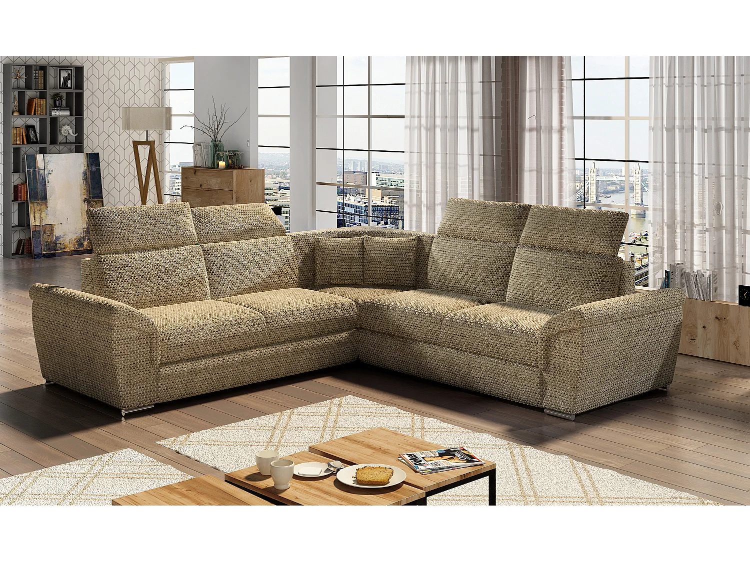 Canapé d'angle réversible et convertible tissu Neo - Pieds acier chromé-Beige chiné