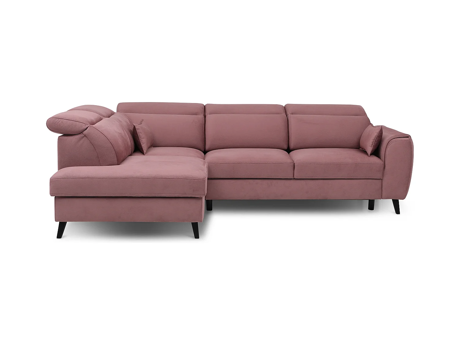Canapé d'angle convertible avec rangement velours NOBLESSE - Pieds bois noir-Rose poudré-angle gauche