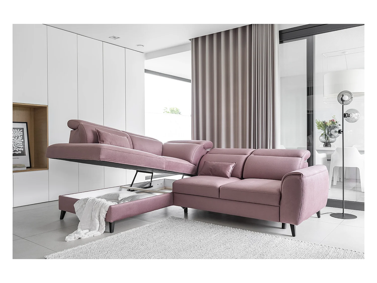 Canapé d'angle convertible avec rangement velours NOBLESSE - Pieds bois noir-Rose poudré-angle gauche