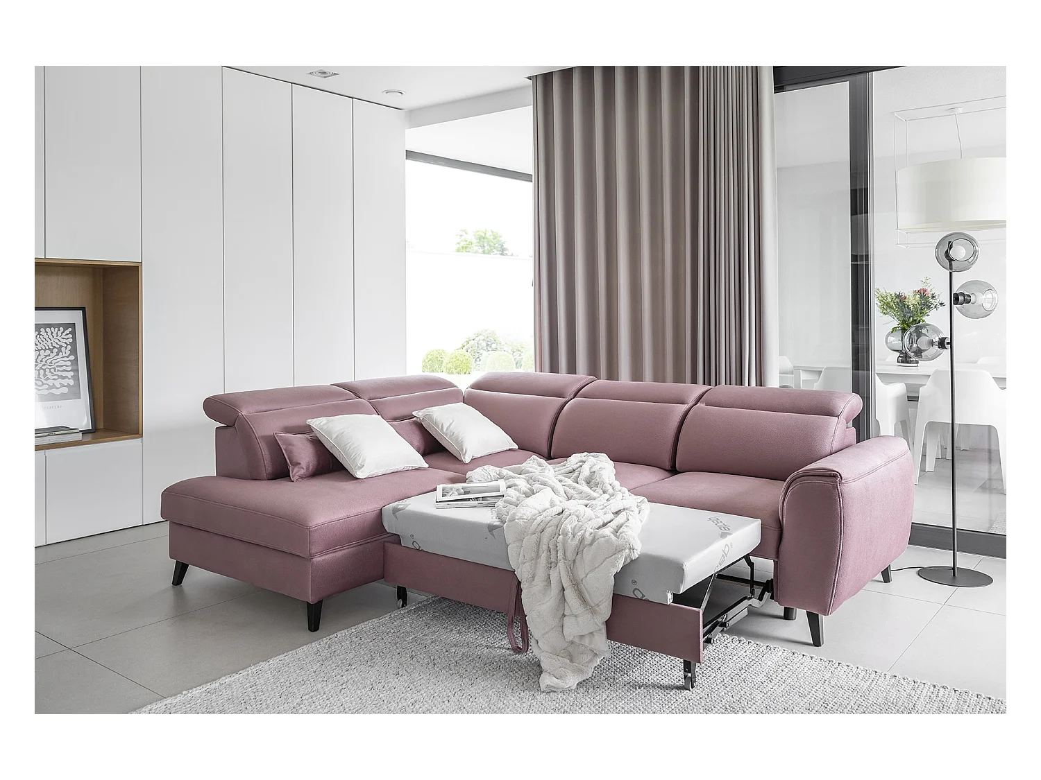 Canapé d'angle convertible avec rangement velours NOBLESSE - Pieds bois noir-Rose poudré-angle gauche