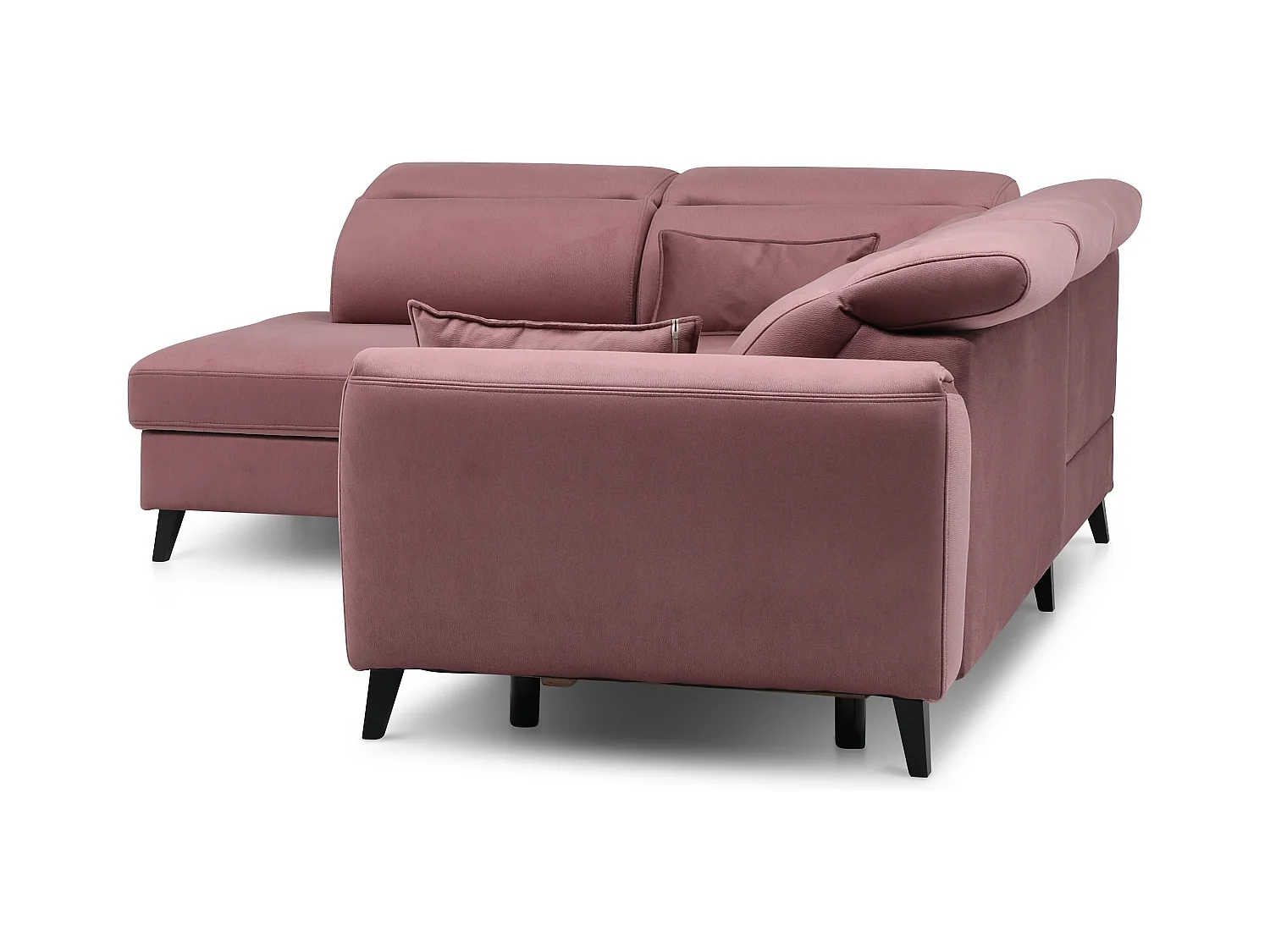 Canapé d'angle convertible avec rangement velours NOBLESSE - Pieds bois noir-Rose poudré-angle gauche